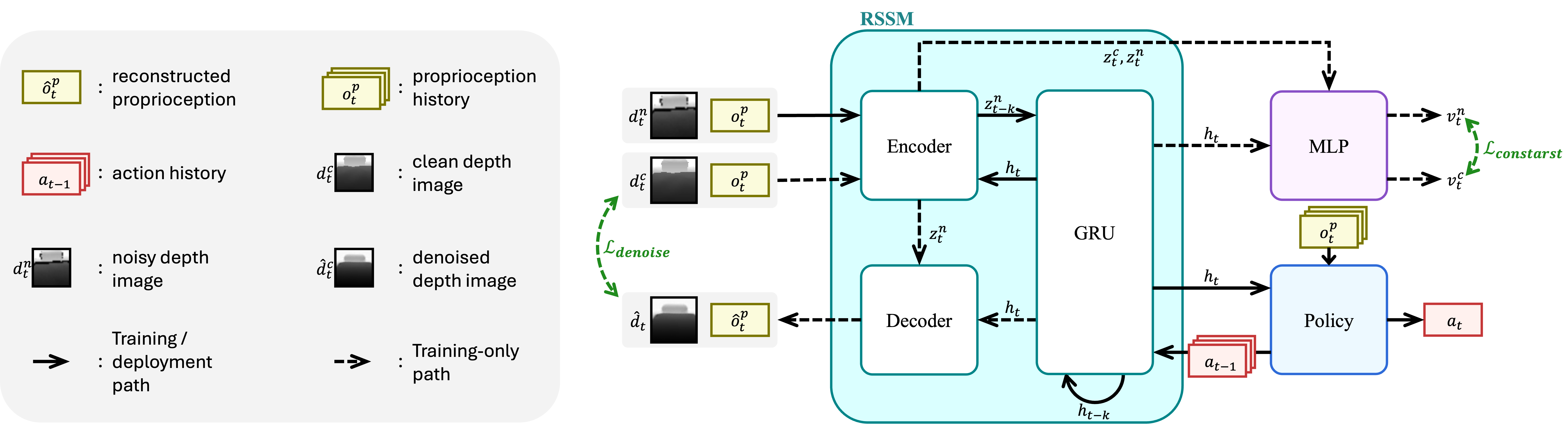 Overview of the DAWN framework. Solid arrows indicate the training and deployment path; dashed arrows indicate the training-only path.
